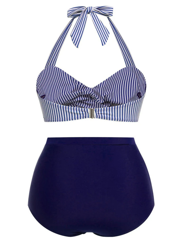 [Plus Size] Blue 1940s Striped Halter Bowknot Bikini Set - Image 2
