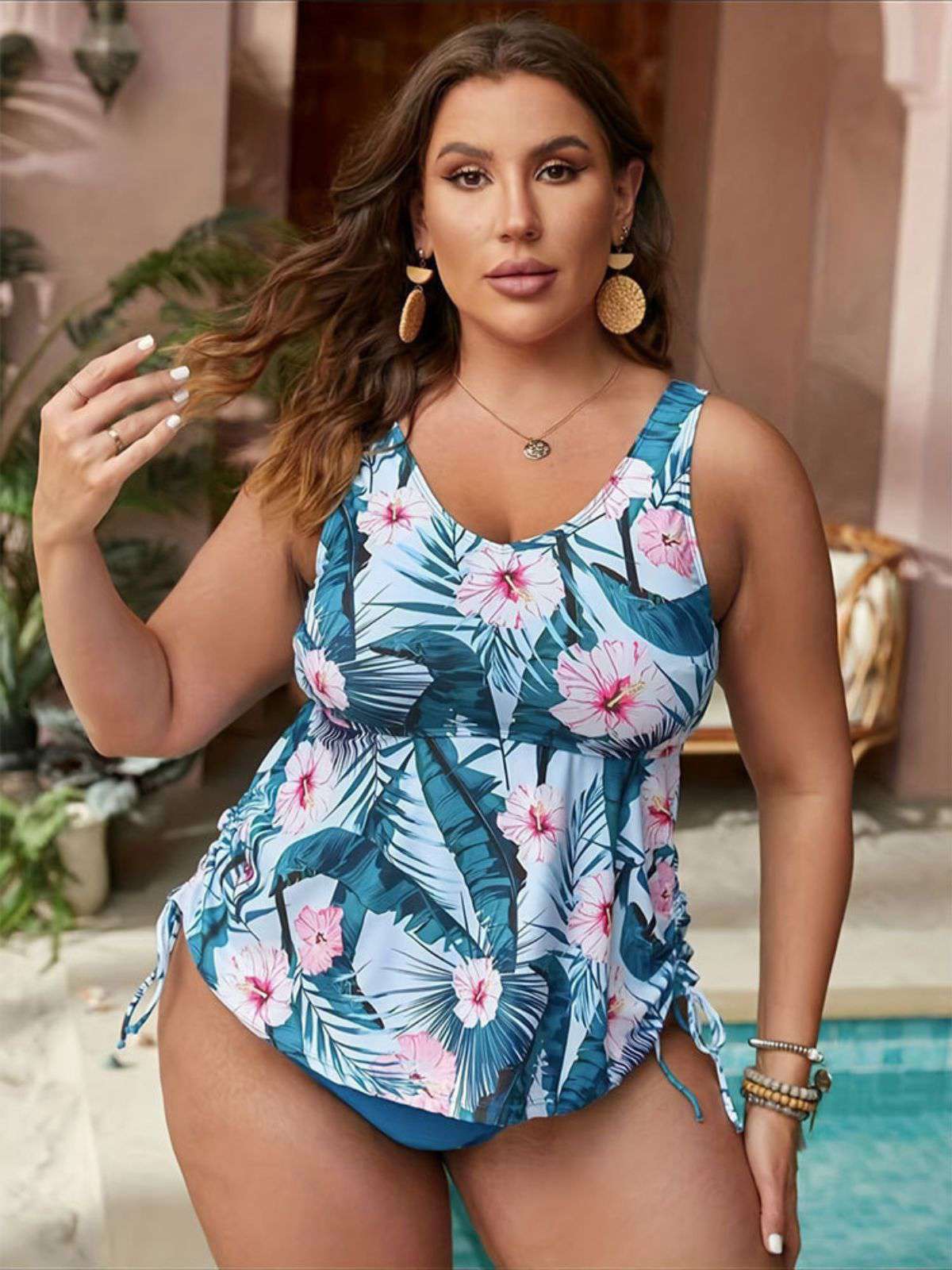 [Plus Size] Blue 1950s Floral Swimsuit - Image 4