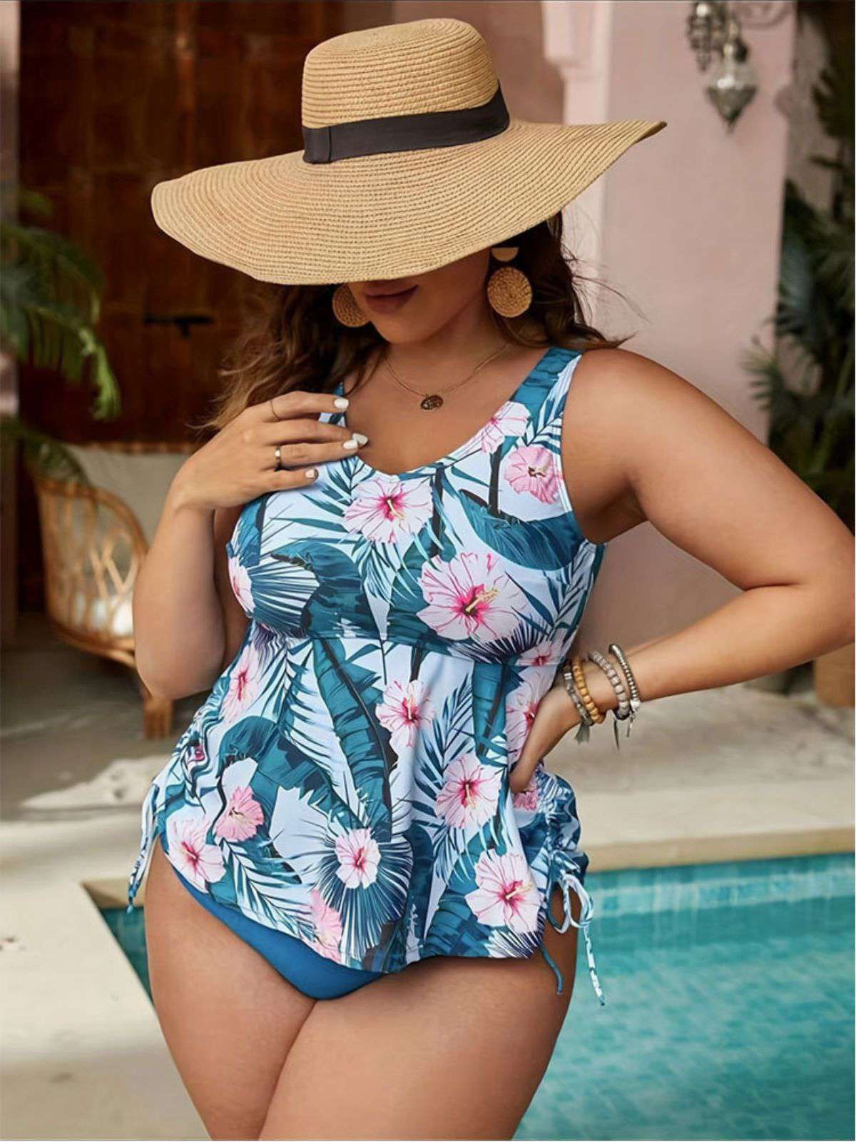 [Plus Size] Blue 1950s Floral Swimsuit - Image 5