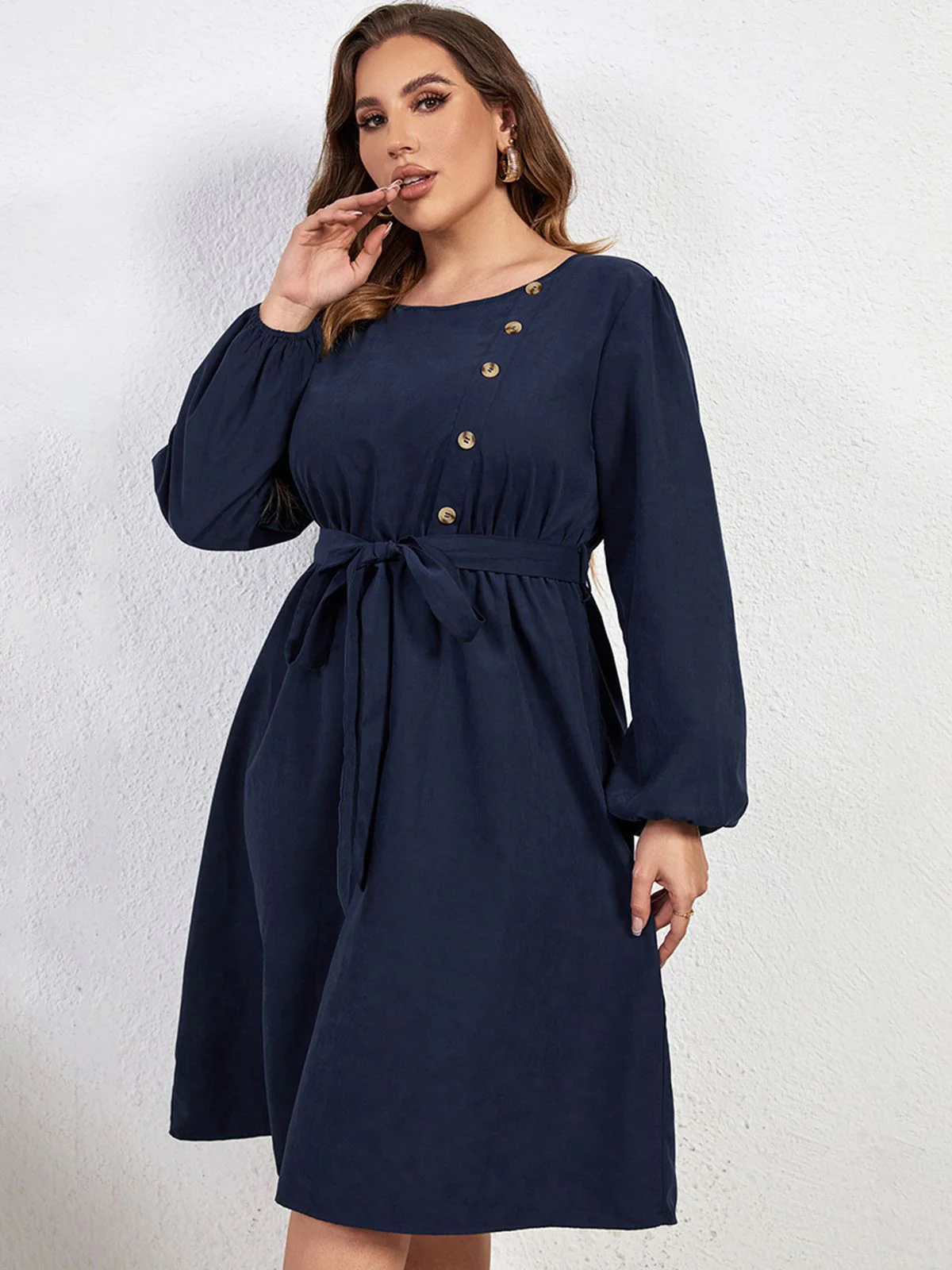 [Plus Size] Blue 1950s High-Waist Lantern Sleeve Belted Dress - Image 3
