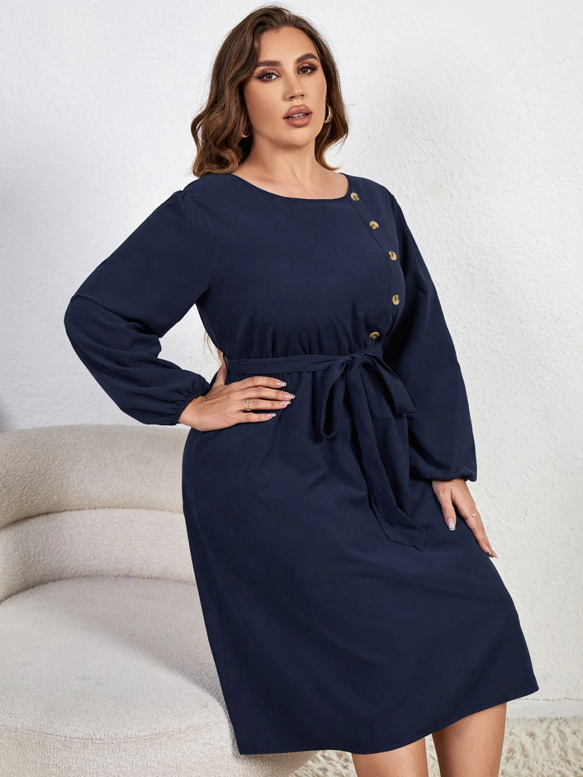 [Plus Size] Blue 1950s High-Waist Lantern Sleeve Belted Dress - Image 4