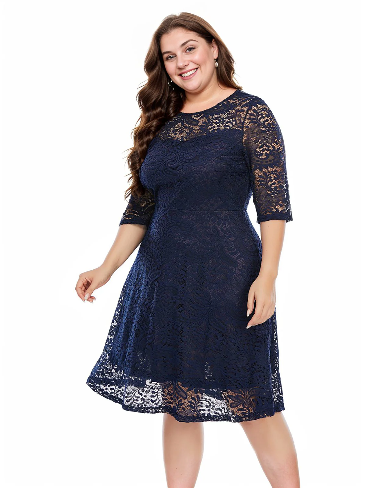 [Plus Size] Blue 1950s Lace Half Sleeves Dress - Image 2