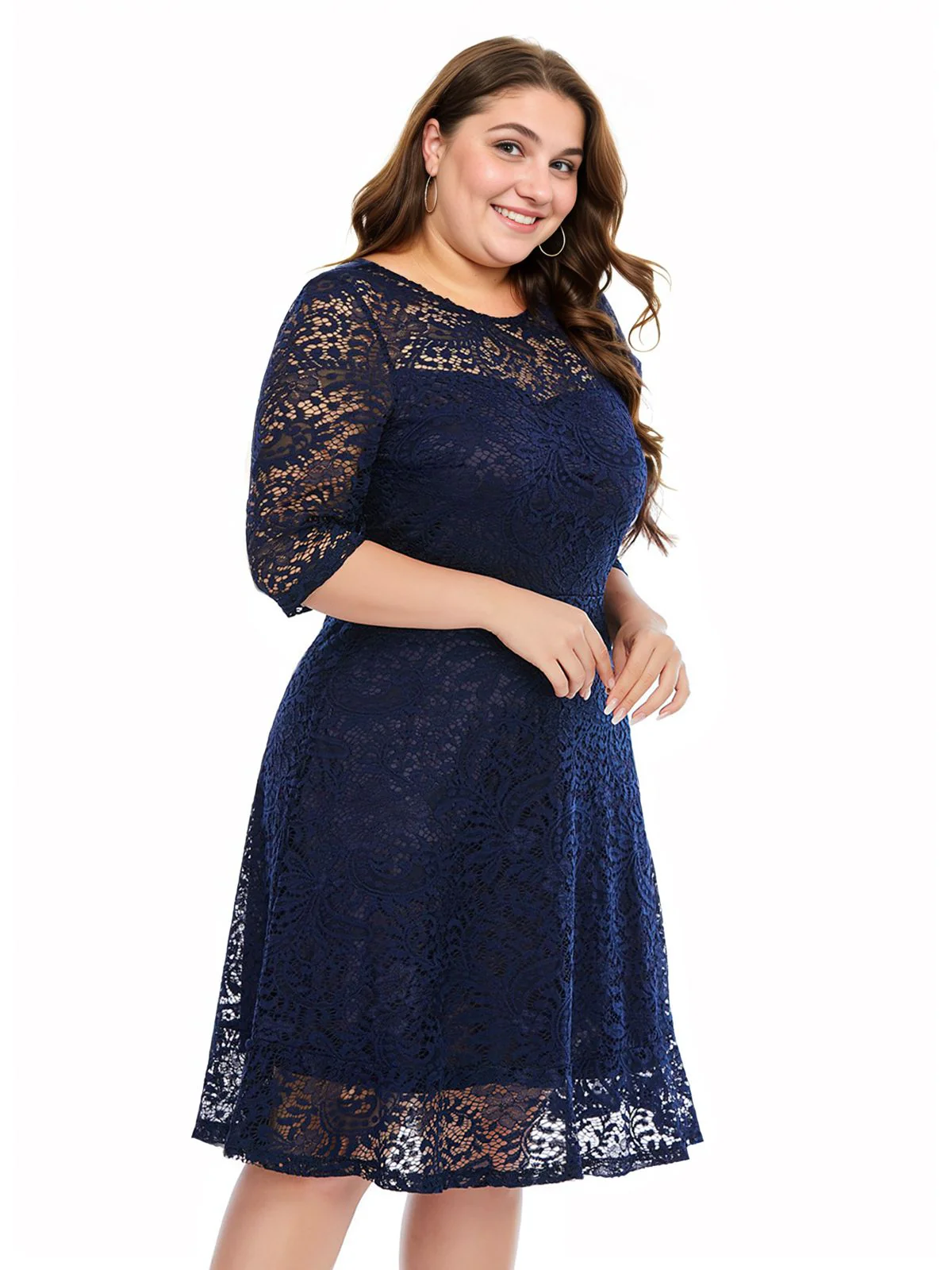[Plus Size] Blue 1950s Lace Half Sleeves Dress - Image 4