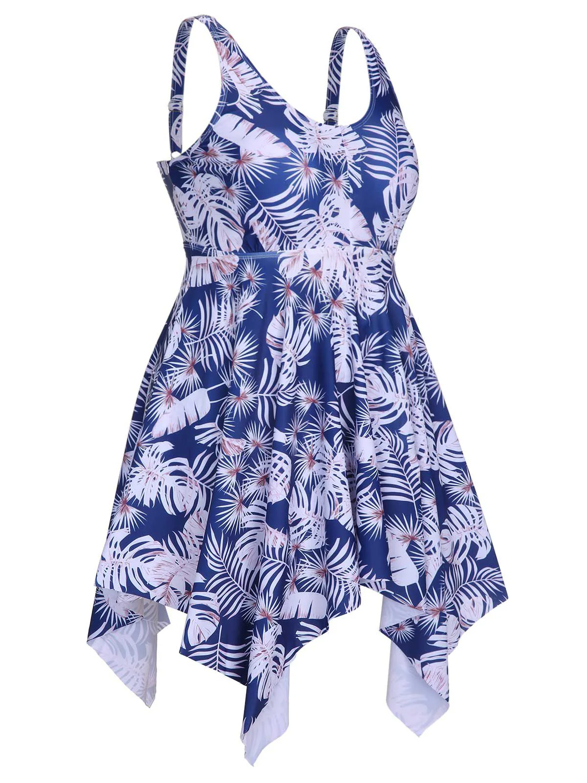 [Plus Size] Blue 1950s Leaves Spaghetti Strap Swimsuit - Image 3