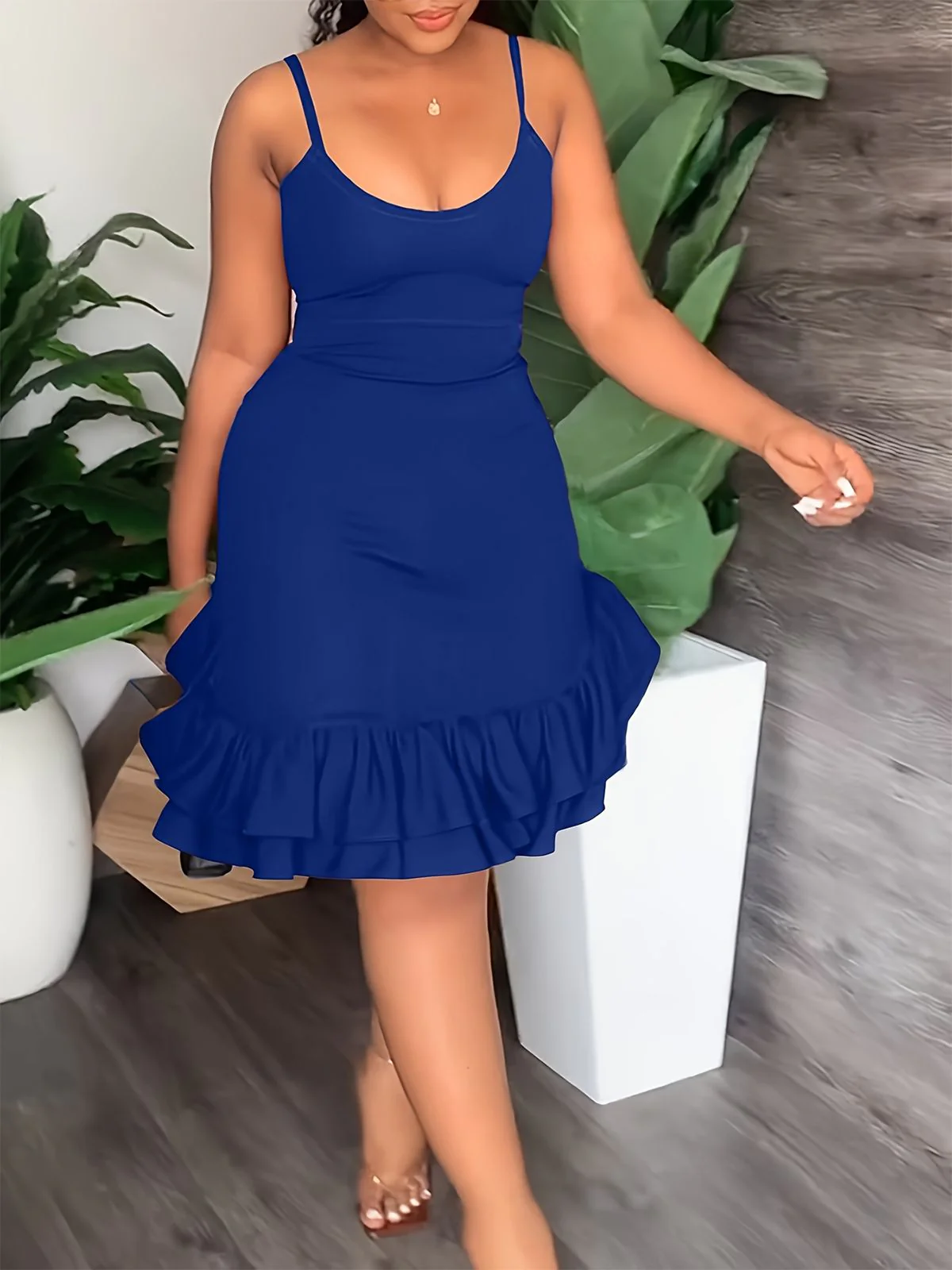 [Plus Size] Blue 1960s Spaghetti Strap Ruffles Hem Dress - Image 3