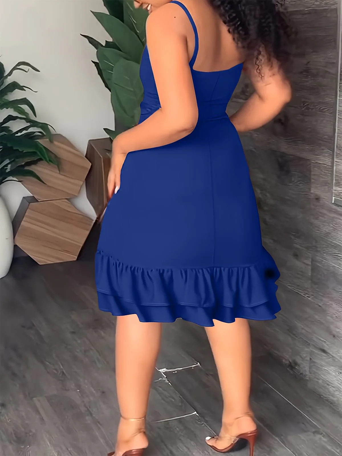 [Plus Size] Blue 1960s Spaghetti Strap Ruffles Hem Dress - Image 4