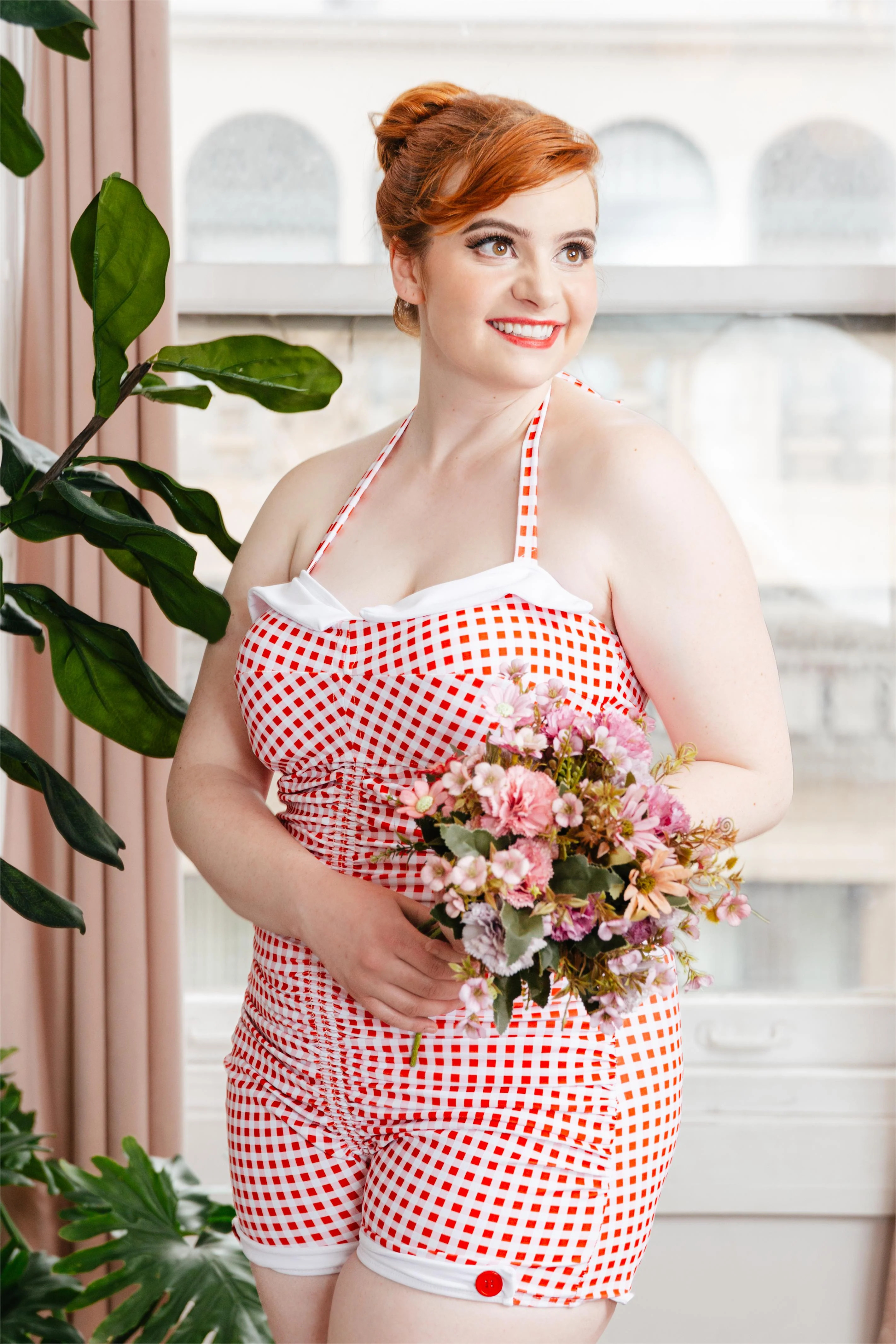 [Plus Size] Gingham 1950s Halter Bowknot One-piece Swimsuit - Image 2