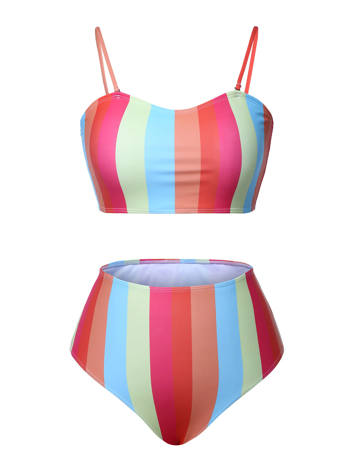 [Plus Size] Colorful 1950s Vertical Stripe Swimsuit - Image 2
