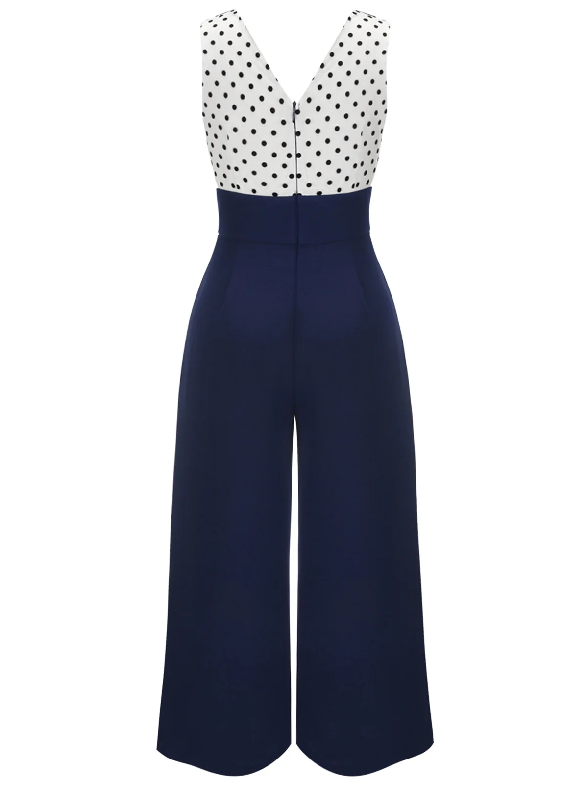 [Plus Size] Dark Blue 1930s Polka Dot Patchwork Jumpsuit - Image 2