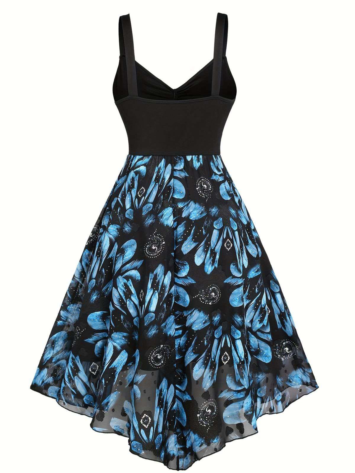 [Plus Size] Dark Blue 1950s Feather Jacquard Asymmetric Dress - Image 2
