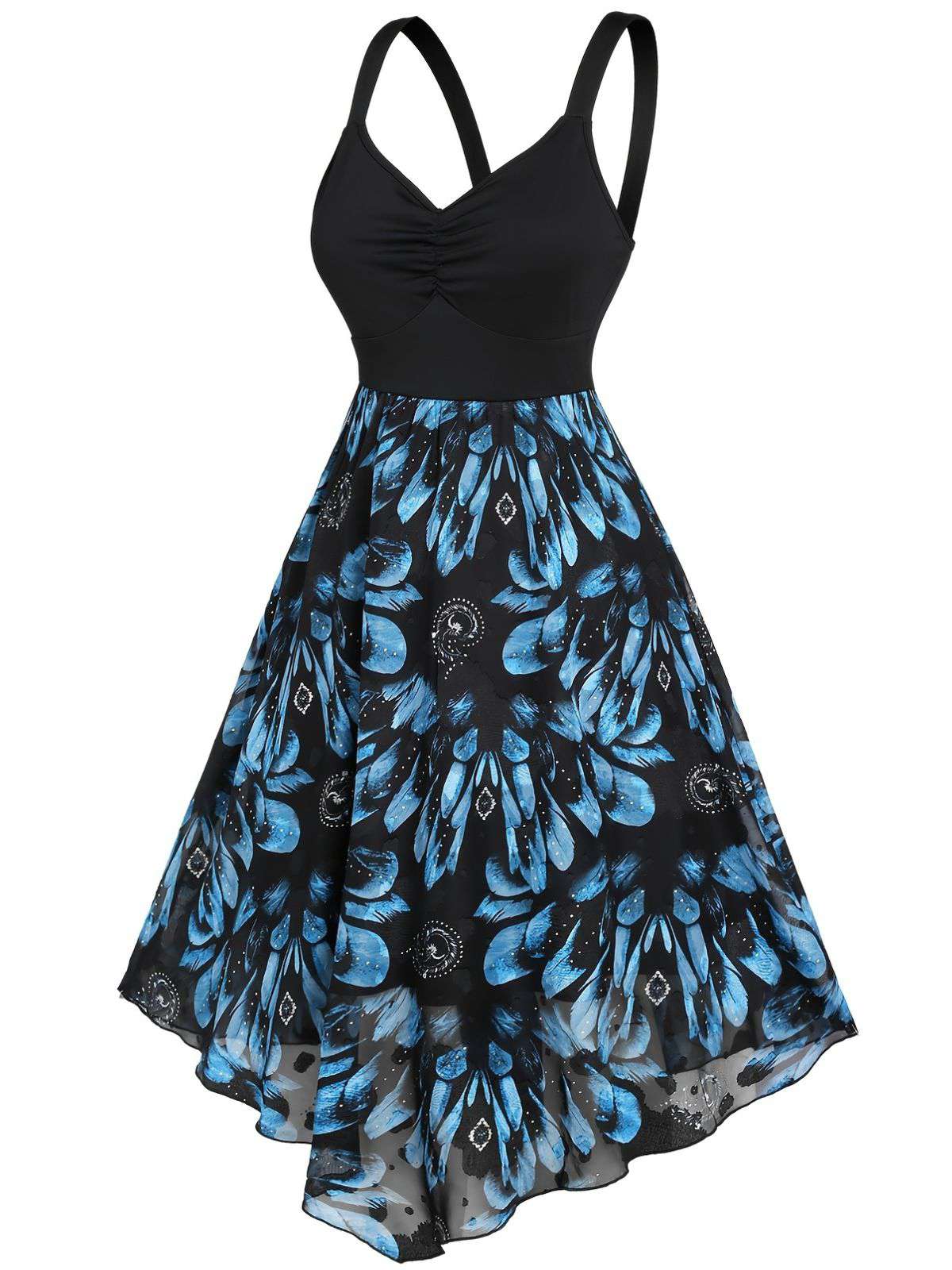 [Plus Size] Dark Blue 1950s Feather Jacquard Asymmetric Dress - Image 3