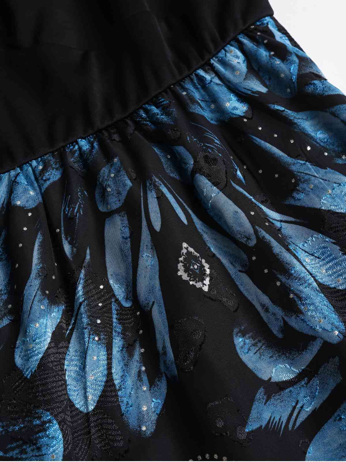 [Plus Size] Dark Blue 1950s Feather Jacquard Asymmetric Dress - Image 4