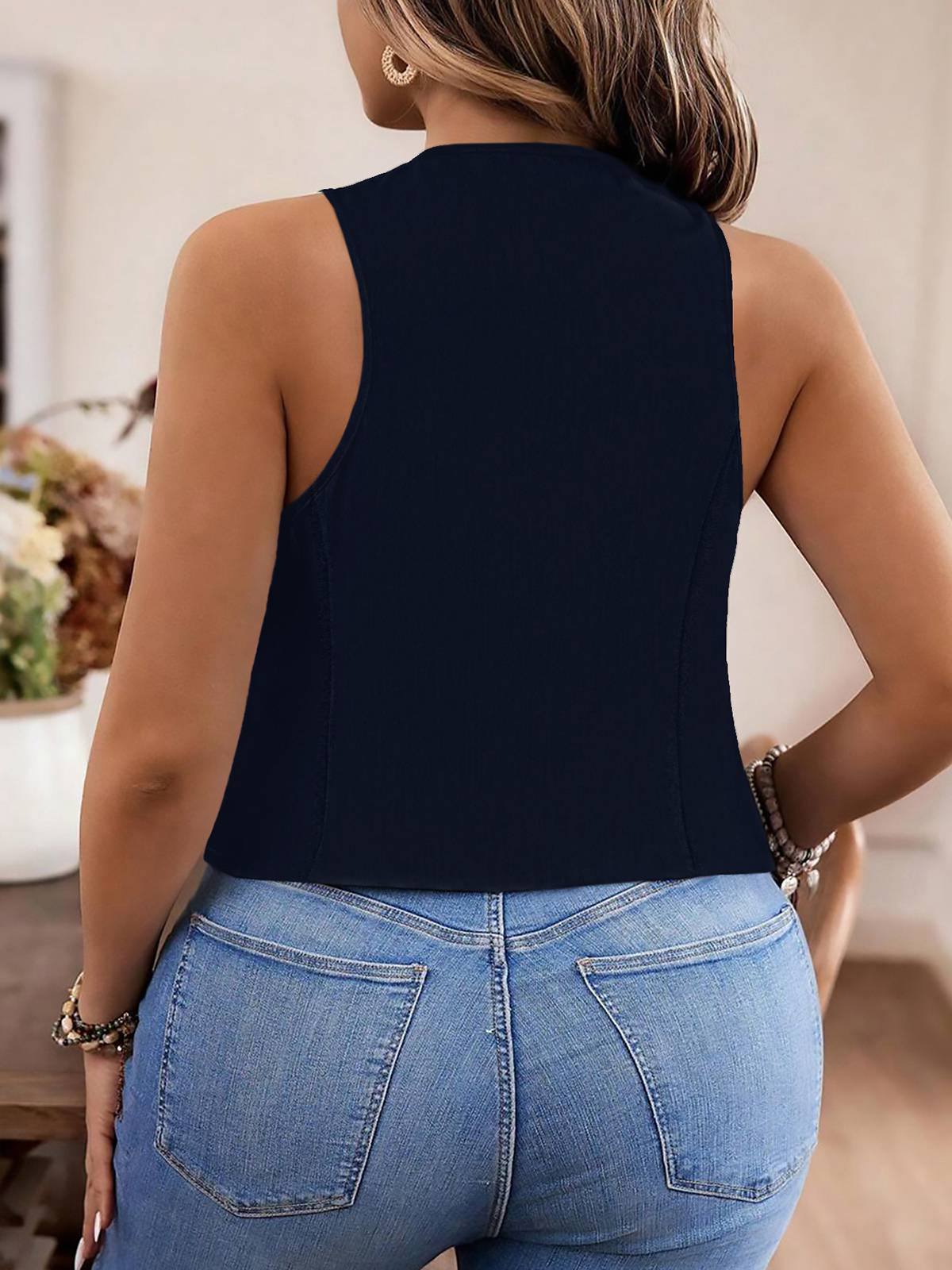 [Plus Size] Dark Blue 1950s V-Neck Sleeveless Vest - Image 3
