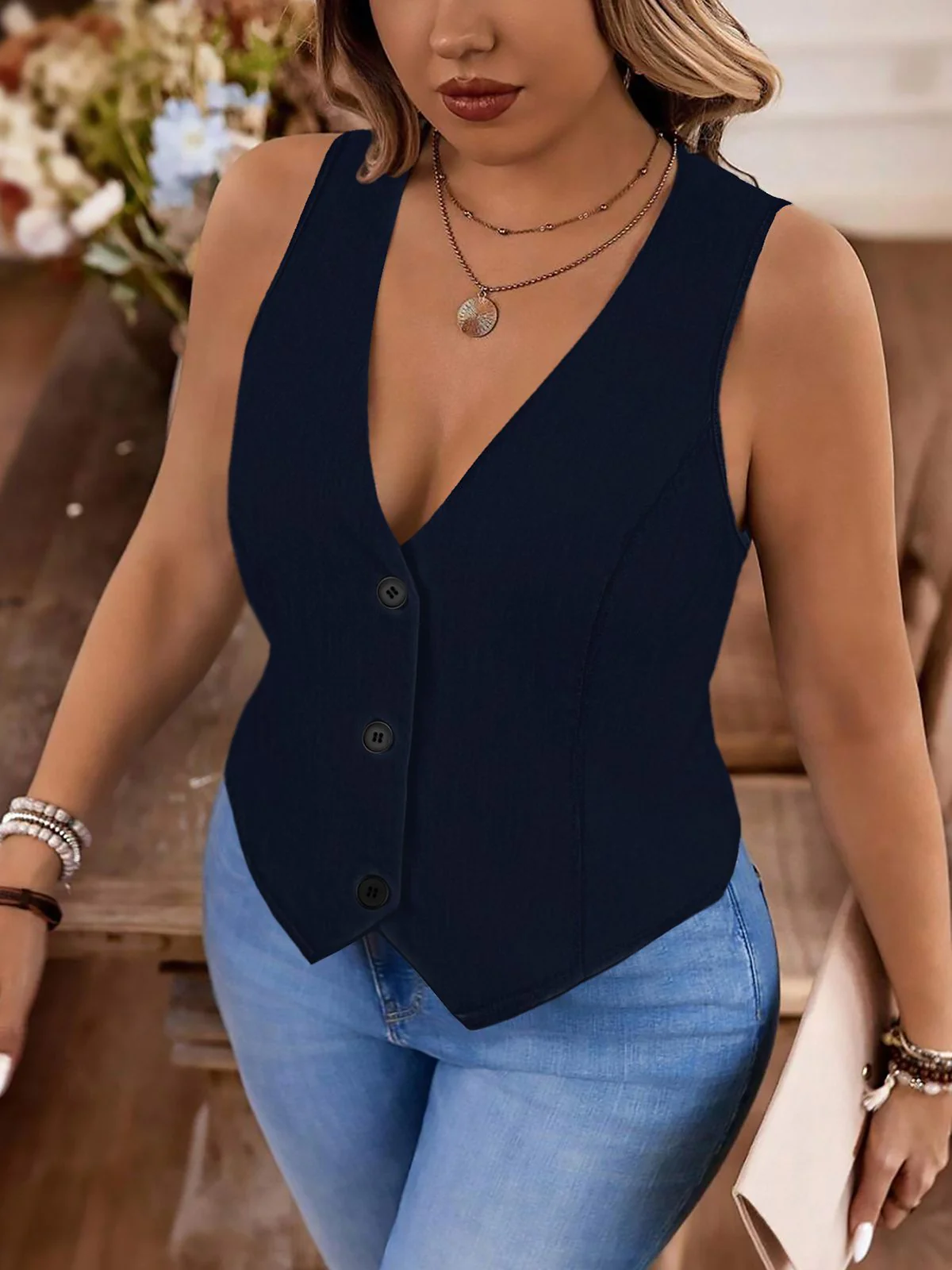 [Plus Size] Dark Blue 1950s V-Neck Sleeveless Vest - Image 4