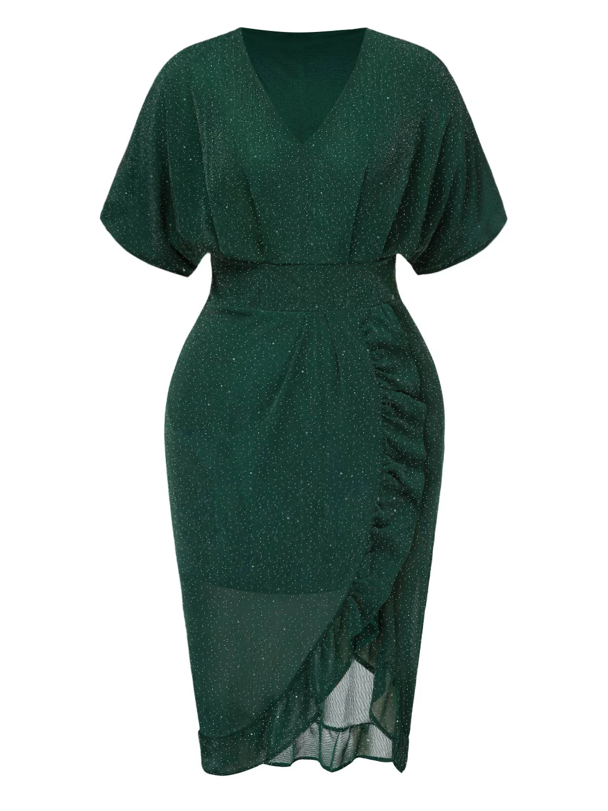 [Plus Size] Dark Green 1940s V-Neck Ruffles Solid Dress - Image 2