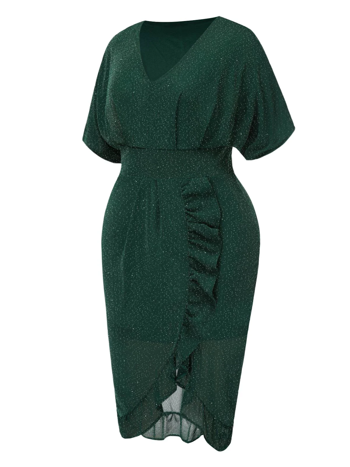 [Plus Size] Dark Green 1940s V-Neck Ruffles Solid Dress - Image 3