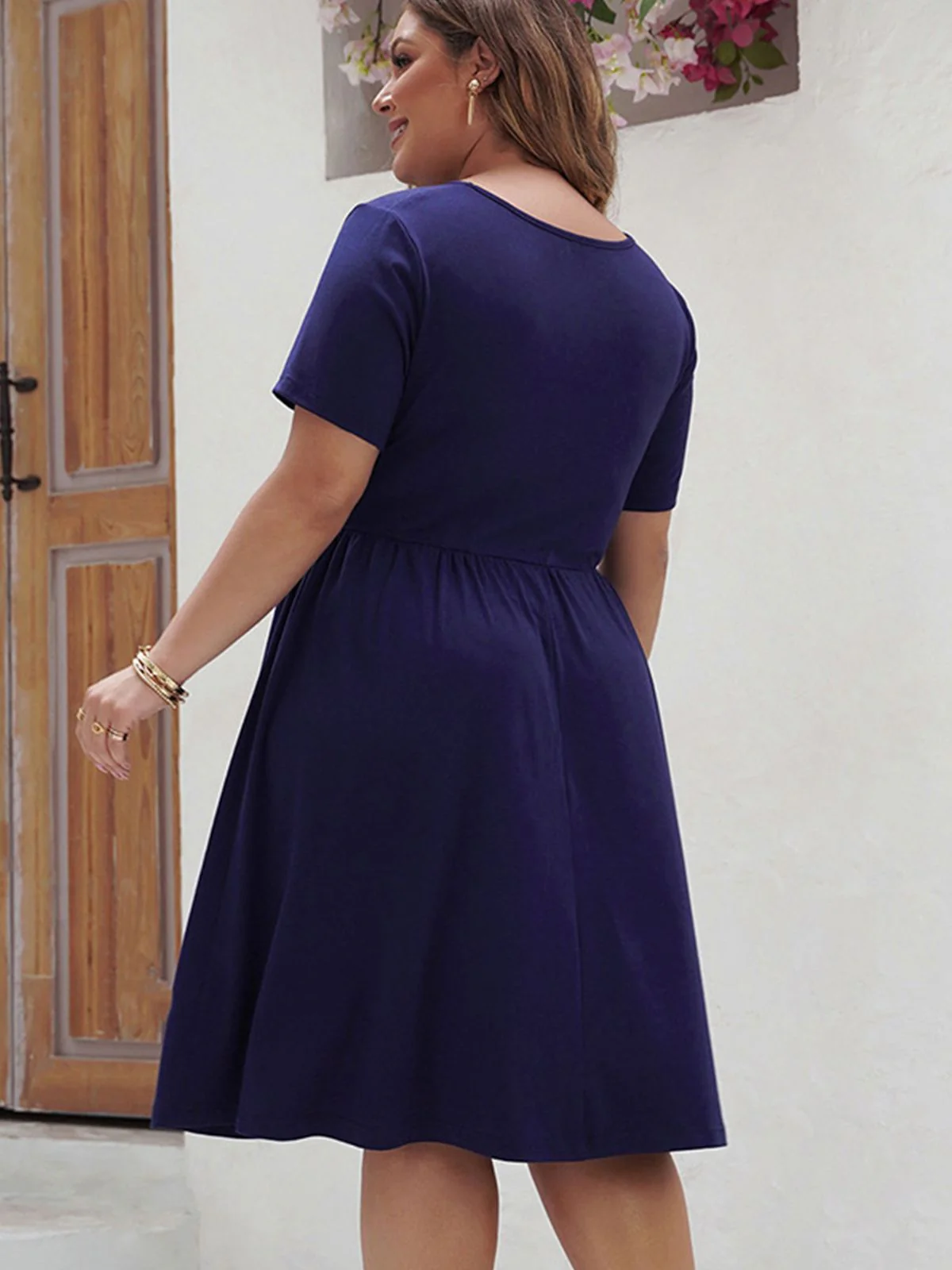 [Plus Size] Deep Blue 1950s Solid Front Cross Dress - Image 3