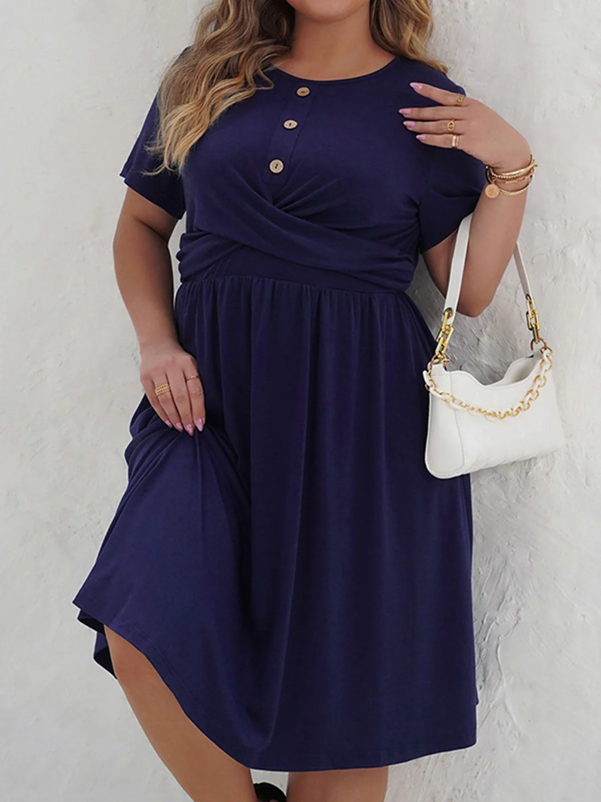 [Plus Size] Deep Blue 1950s Solid Front Cross Dress - Image 5