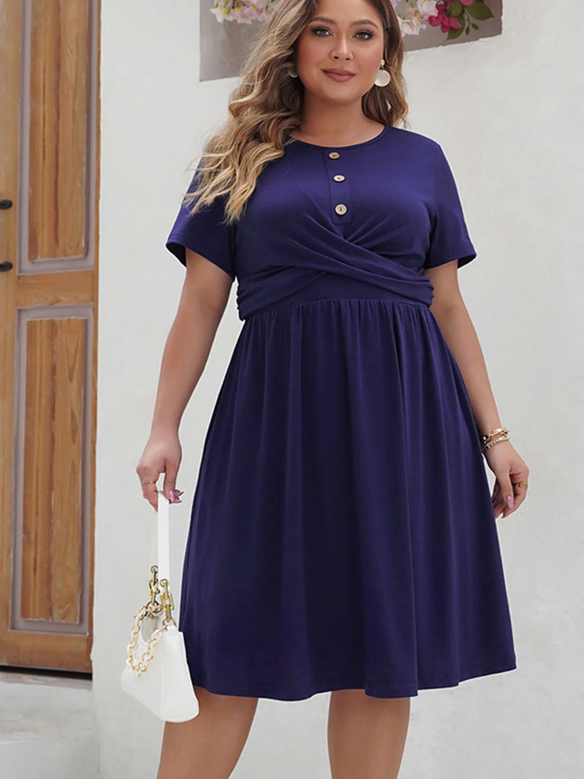 [Plus Size] Deep Blue 1950s Solid Front Cross Dress - Image 6