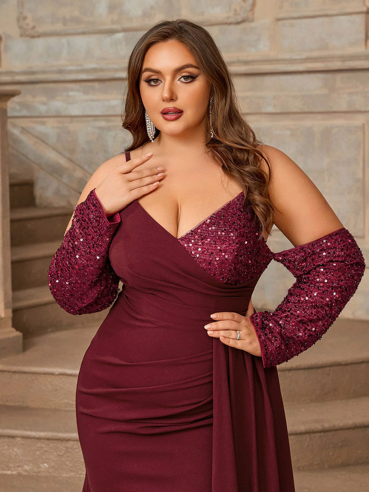 [Plus Size] Deep Red 1960s Spaghetti Strap Sequined Dress - Image 2