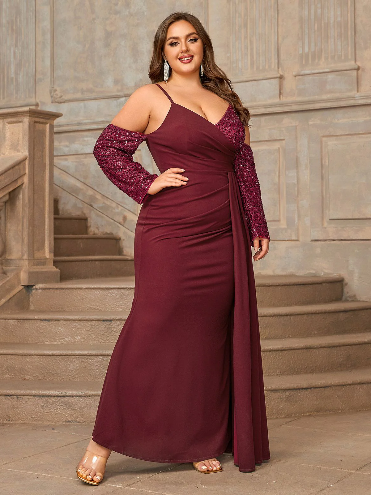 [Plus Size] Deep Red 1960s Spaghetti Strap Sequined Dress - Image 3