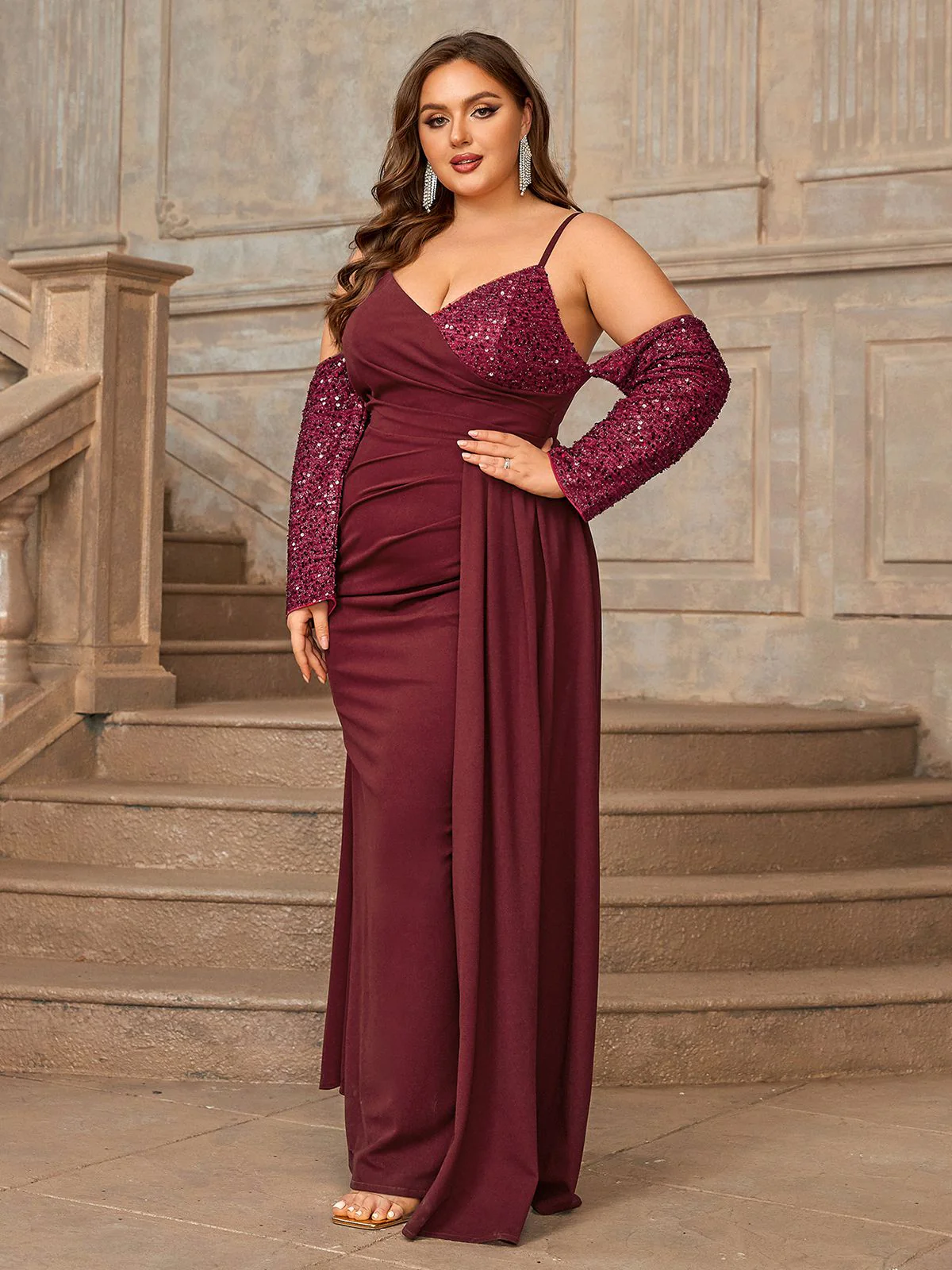 [Plus Size] Deep Red 1960s Spaghetti Strap Sequined Dress - Image 4