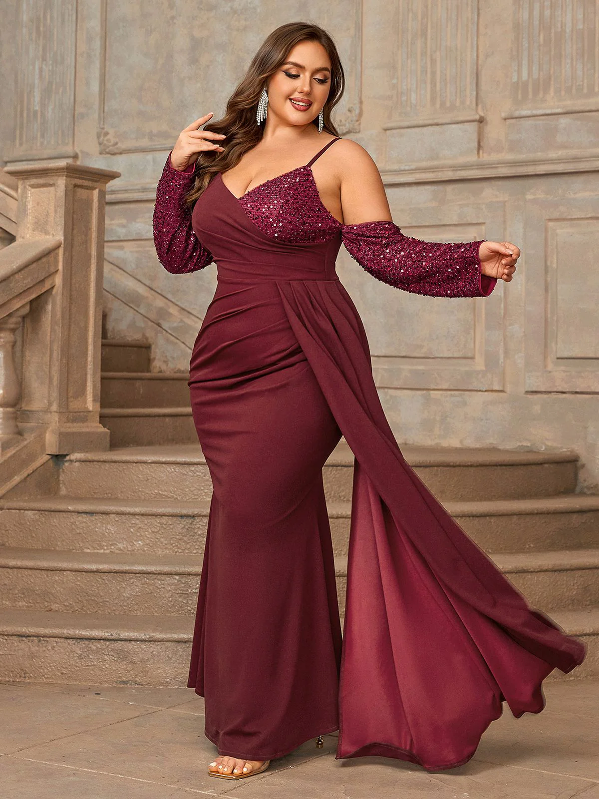 [Plus Size] Deep Red 1960s Spaghetti Strap Sequined Dress - Image 5