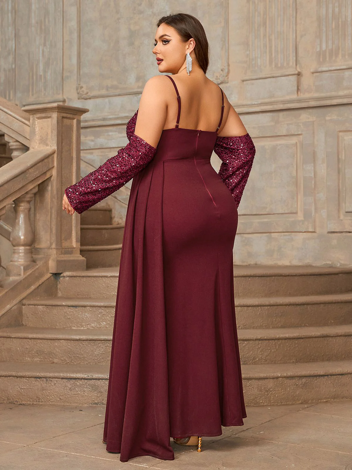 [Plus Size] Deep Red 1960s Spaghetti Strap Sequined Dress - Image 6