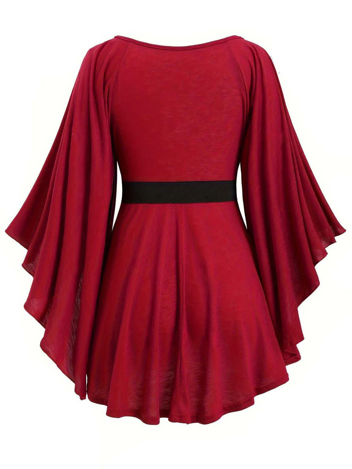 [Plus Size] Deep Red 1970s Batwing Sleeve Ruffled Top - Image 2