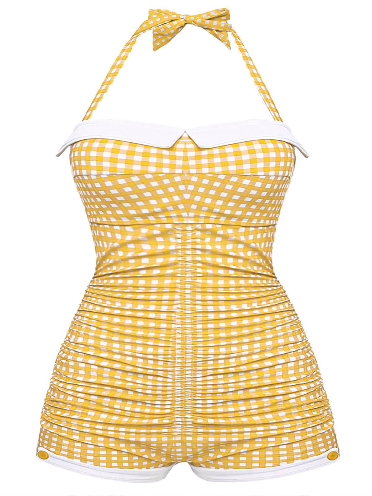 [Plus Size] Gingham 1950s Halter Bowknot One-piece Swimsuit - Image 11