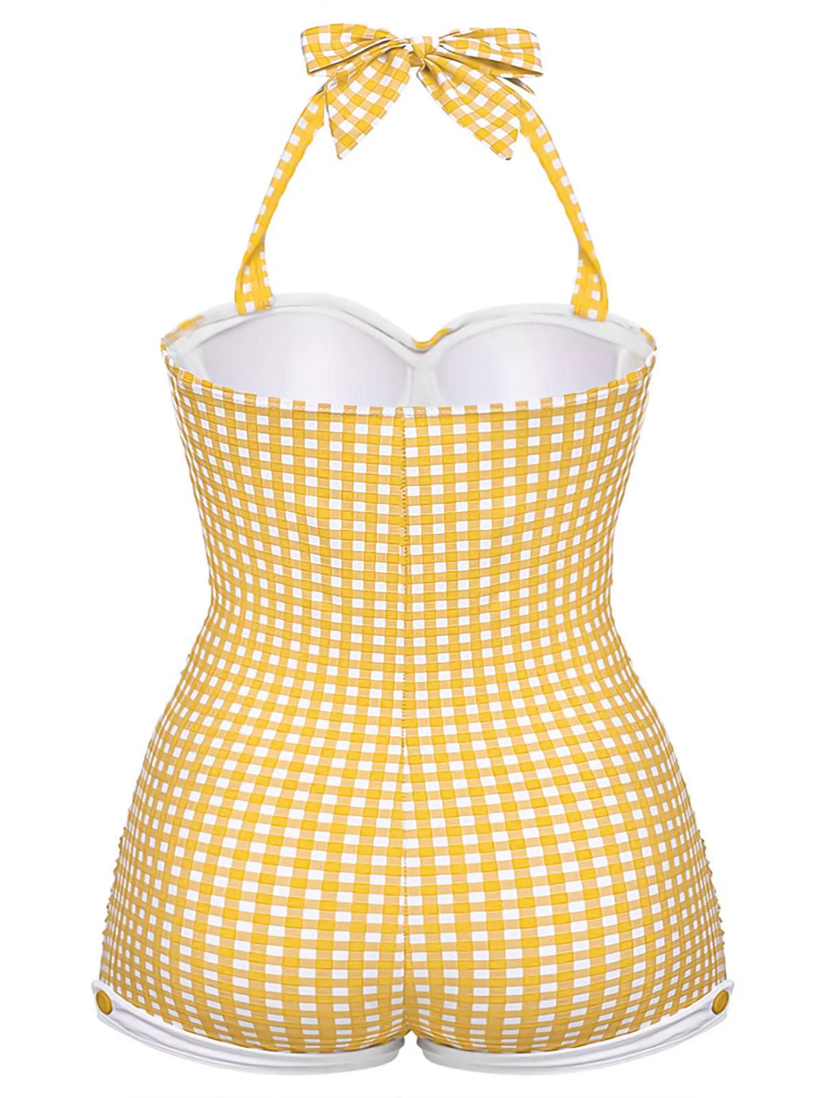 [Plus Size] Gingham 1950s Halter Bowknot One-piece Swimsuit - Image 12
