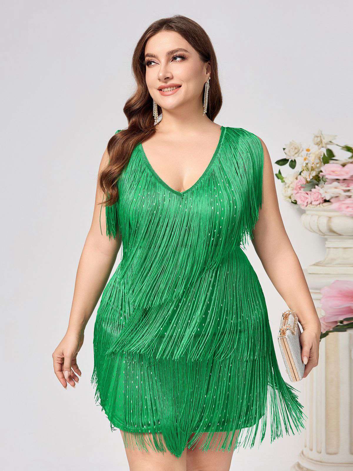 [Plus Size] Green 1920s V-Neck Tassels Flapper Dress - Image 2