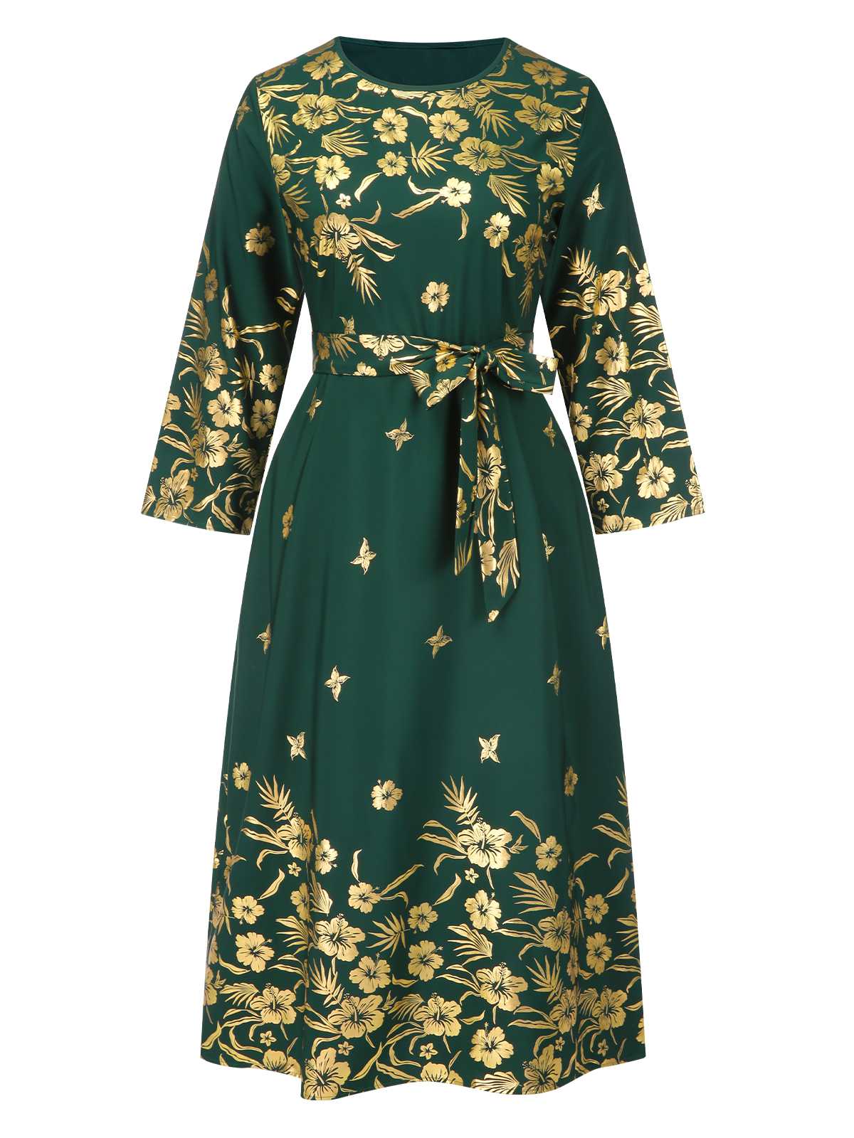 [Plus Size] Green 1940s Gilded Floral Belted Dress - Image 2