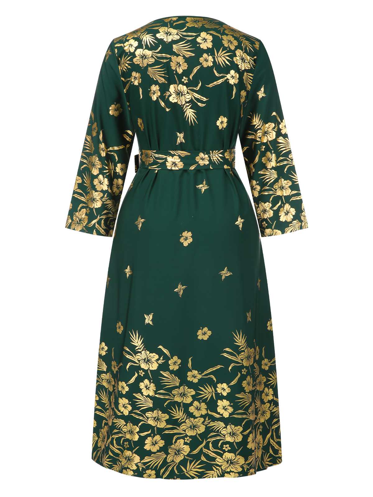 [Plus Size] Green 1940s Gilded Floral Belted Dress - Image 3