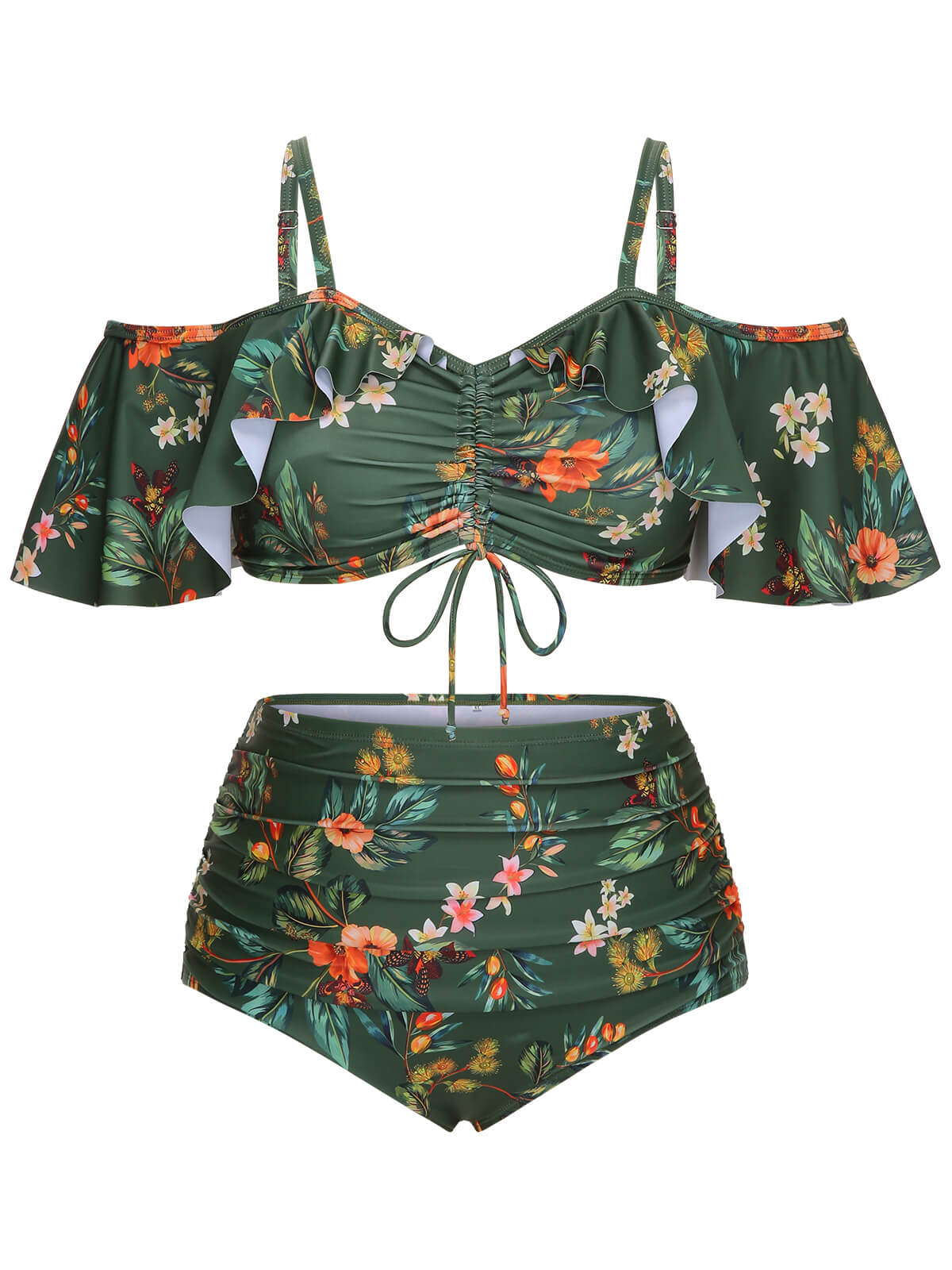 [Plus Size] Green 1950s Floral Drawstring Swimsuit Set - Image 2