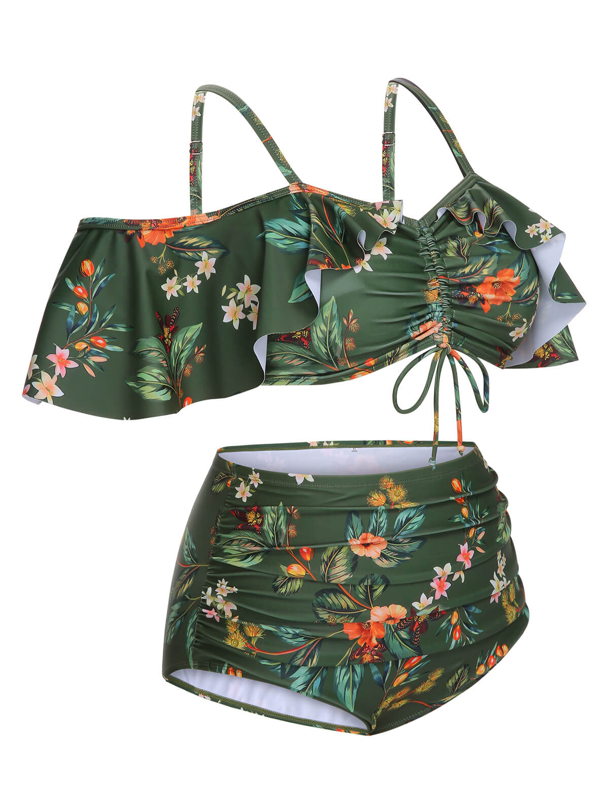 [Plus Size] Green 1950s Floral Drawstring Swimsuit Set - Image 3