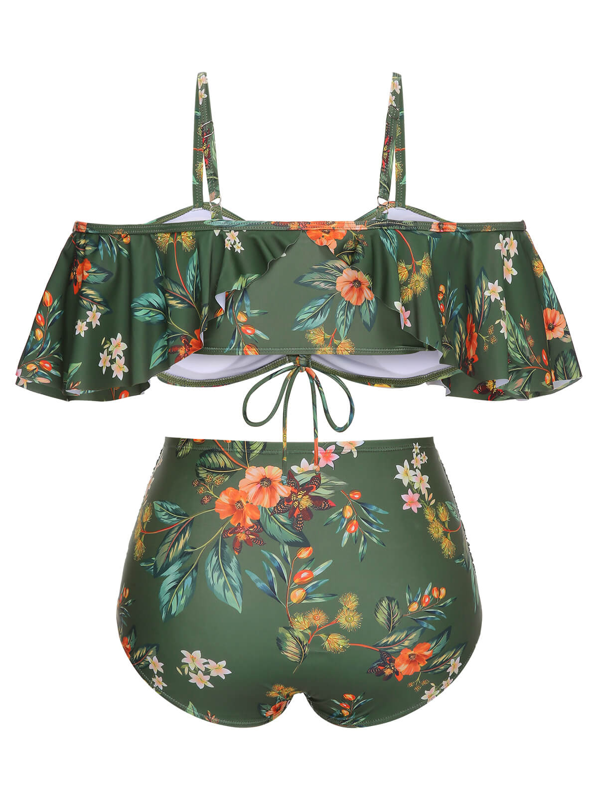 [Plus Size] Green 1950s Floral Drawstring Swimsuit Set - Image 4