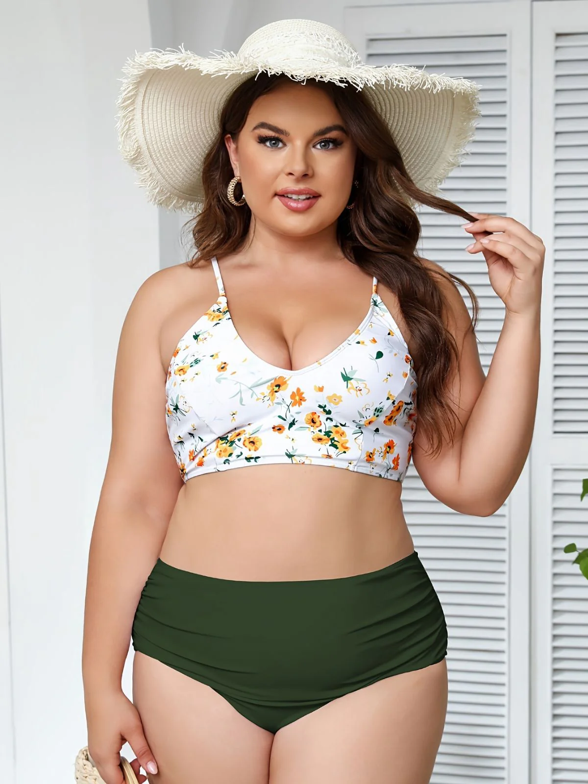 [Plus Size] Green 1950s Lace-Up Floral Bikini Set - Image 4