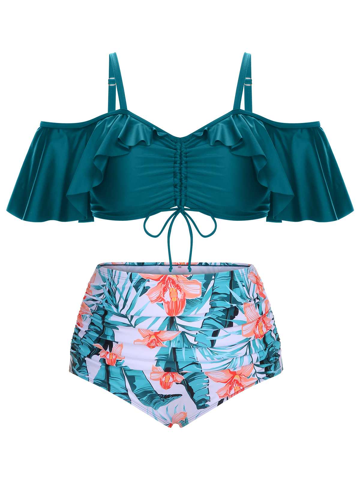 [Plus Size] Green 1950s Strap Floral Ruffles Swimsuit - Image 2
