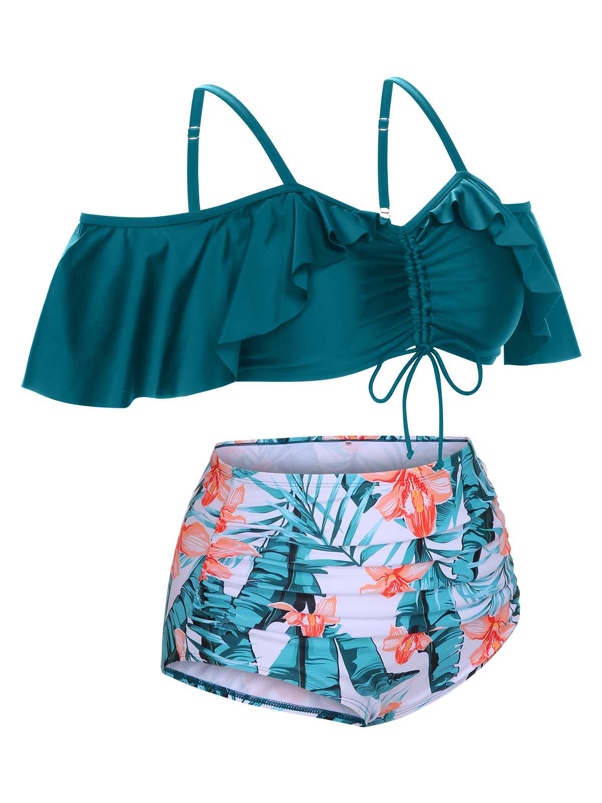 [Plus Size] Green 1950s Strap Floral Ruffles Swimsuit - Image 3