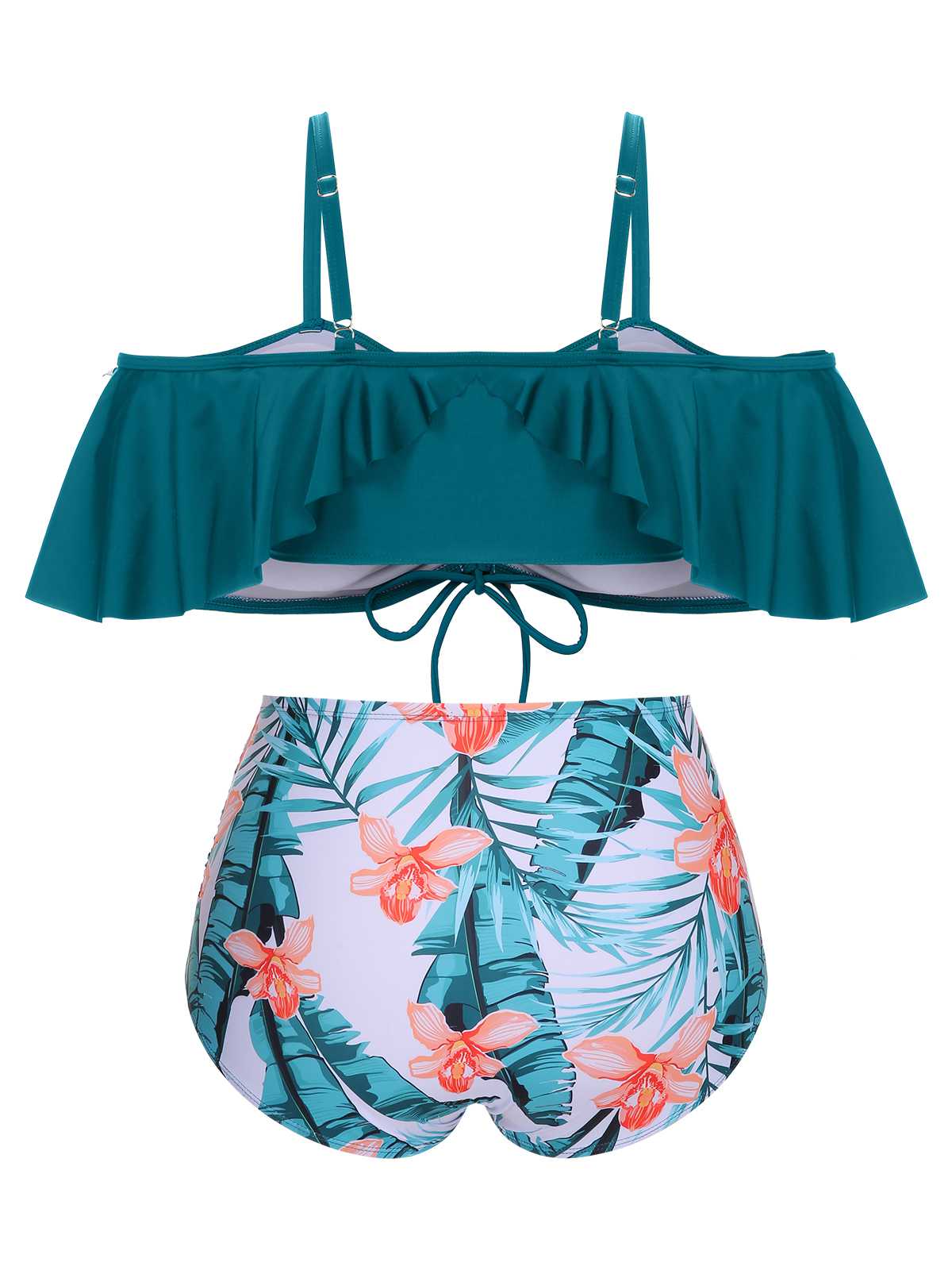 [Plus Size] Green 1950s Strap Floral Ruffles Swimsuit - Image 4