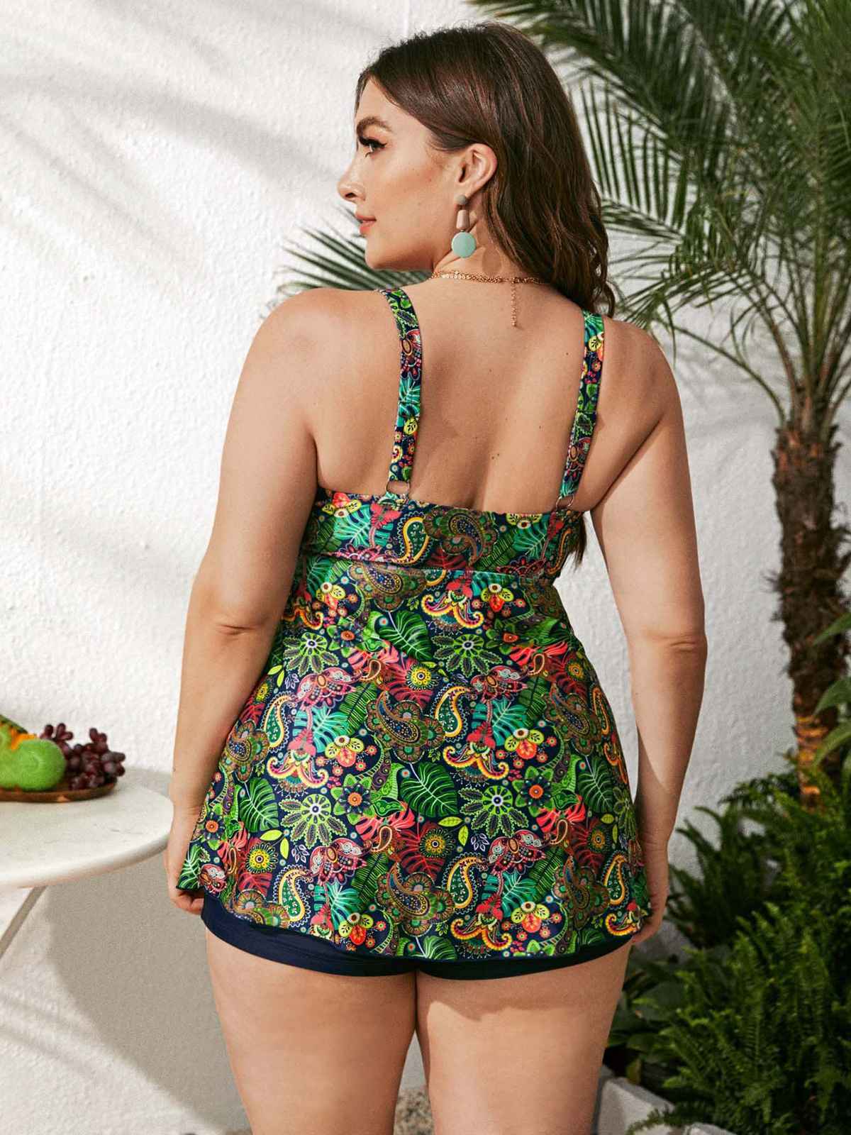 [Plus Size] Green 1960s Hippie Prints Bow Tankini - Image 2