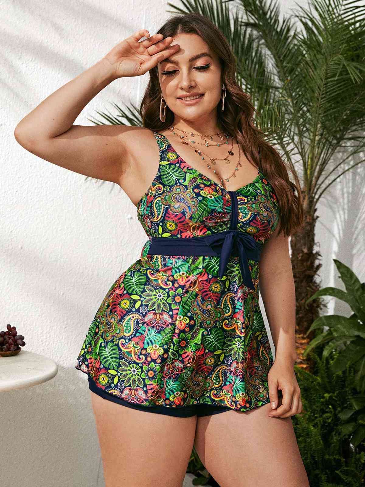 [Plus Size] Green 1960s Hippie Prints Bow Tankini - Image 3