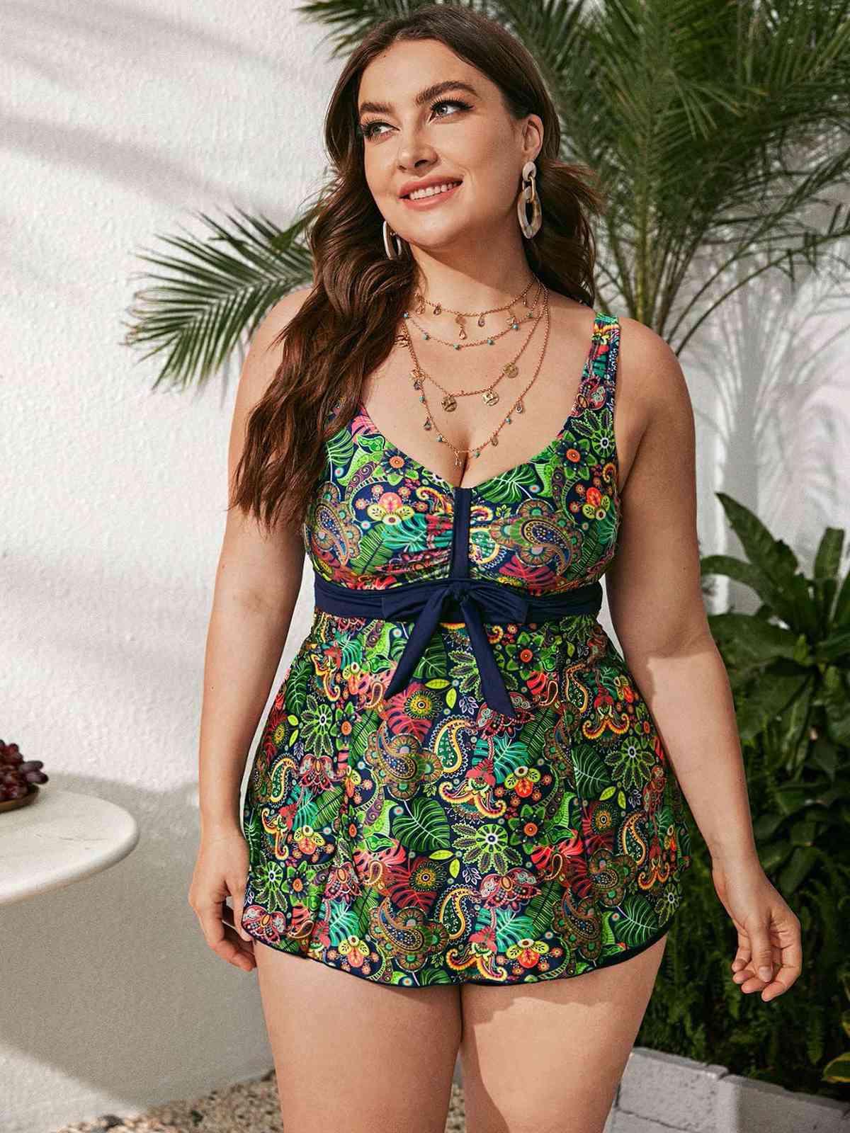 [Plus Size] Green 1960s Hippie Prints Bow Tankini - Image 4