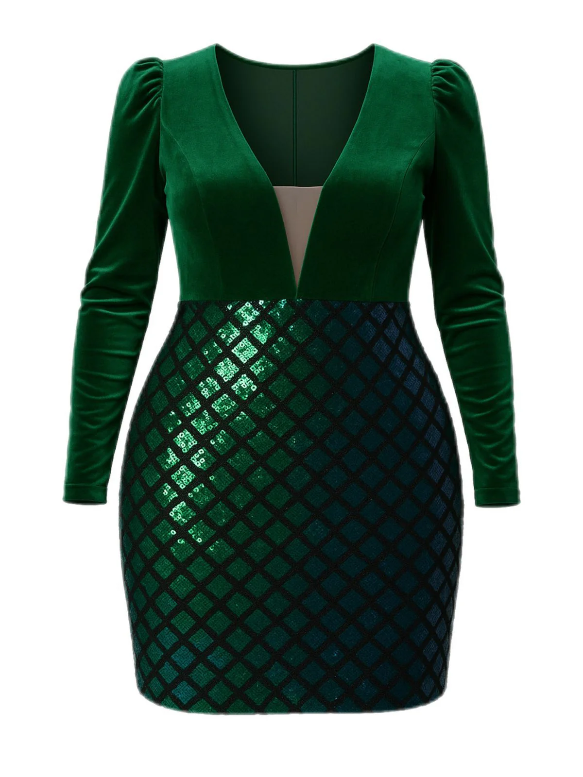 [Plus Size] Green 1960s Seuqins V-Neck Velvet Bodycon Dress - Image 2