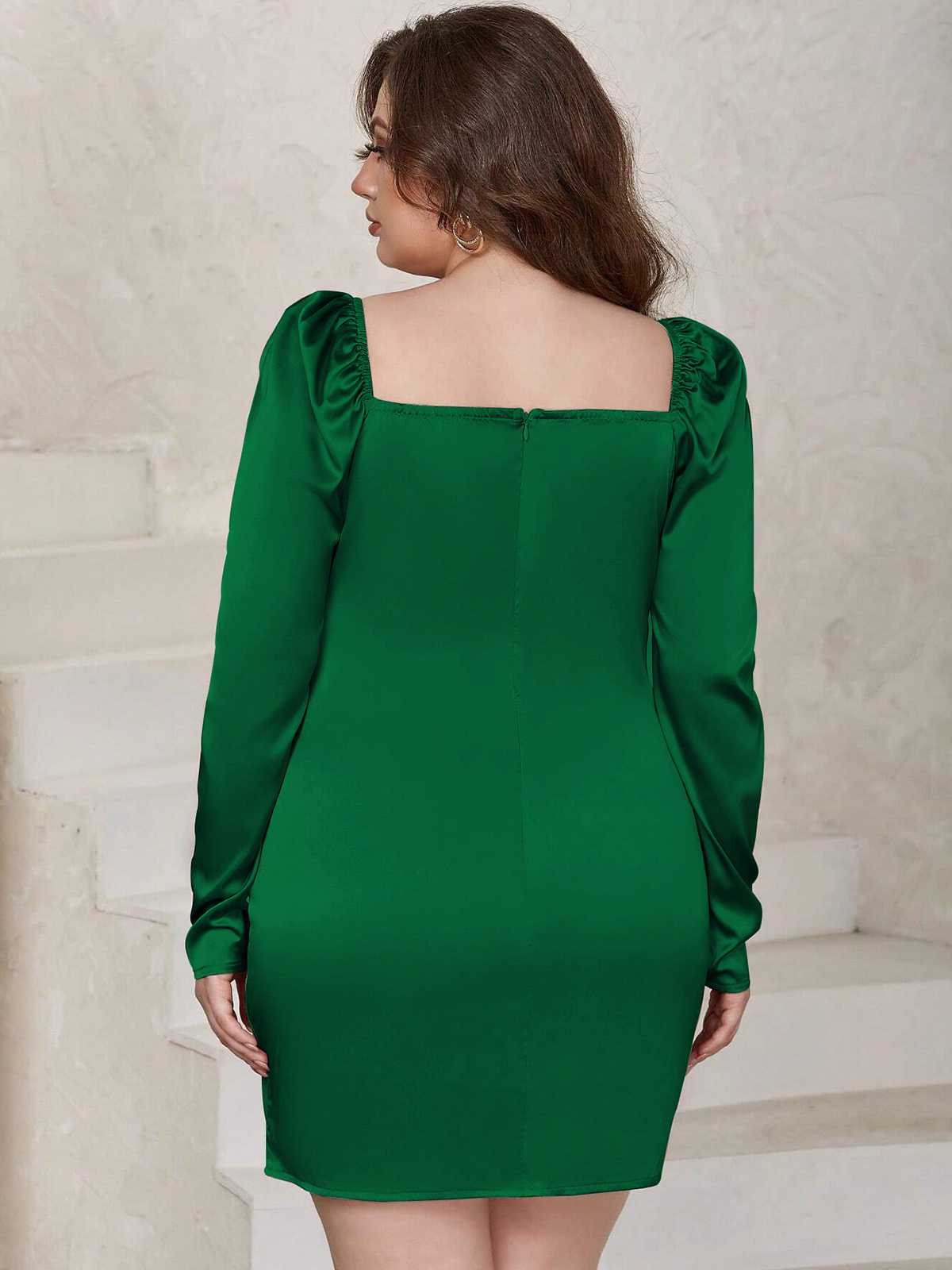 [Plus Size] Green 1960s Sweetheart Neck Solid Wrap Dress - Image 5