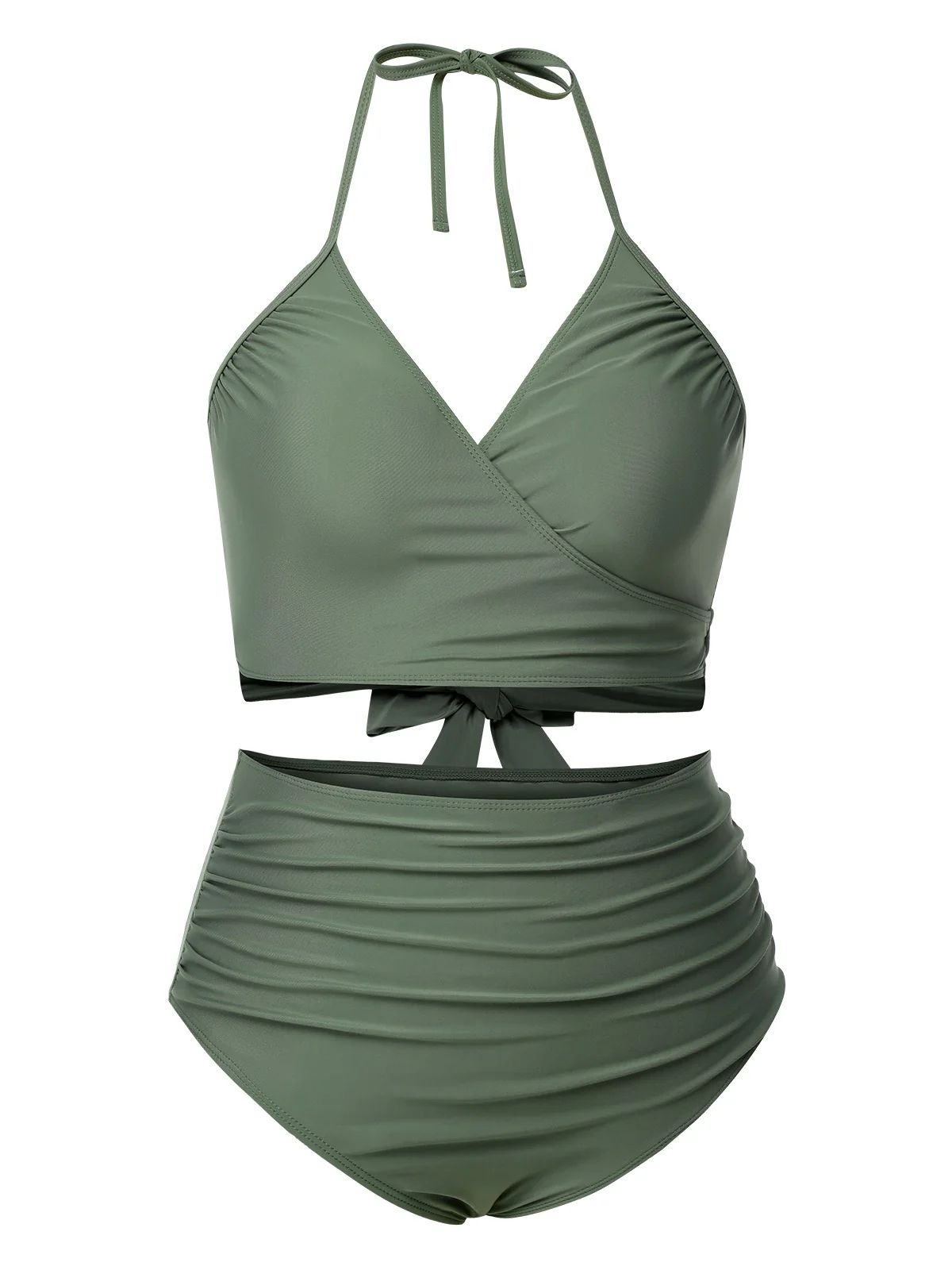 [Plus Size] Green Grey 1930s Halter Strappy Tankini Swimsuit - Image 2