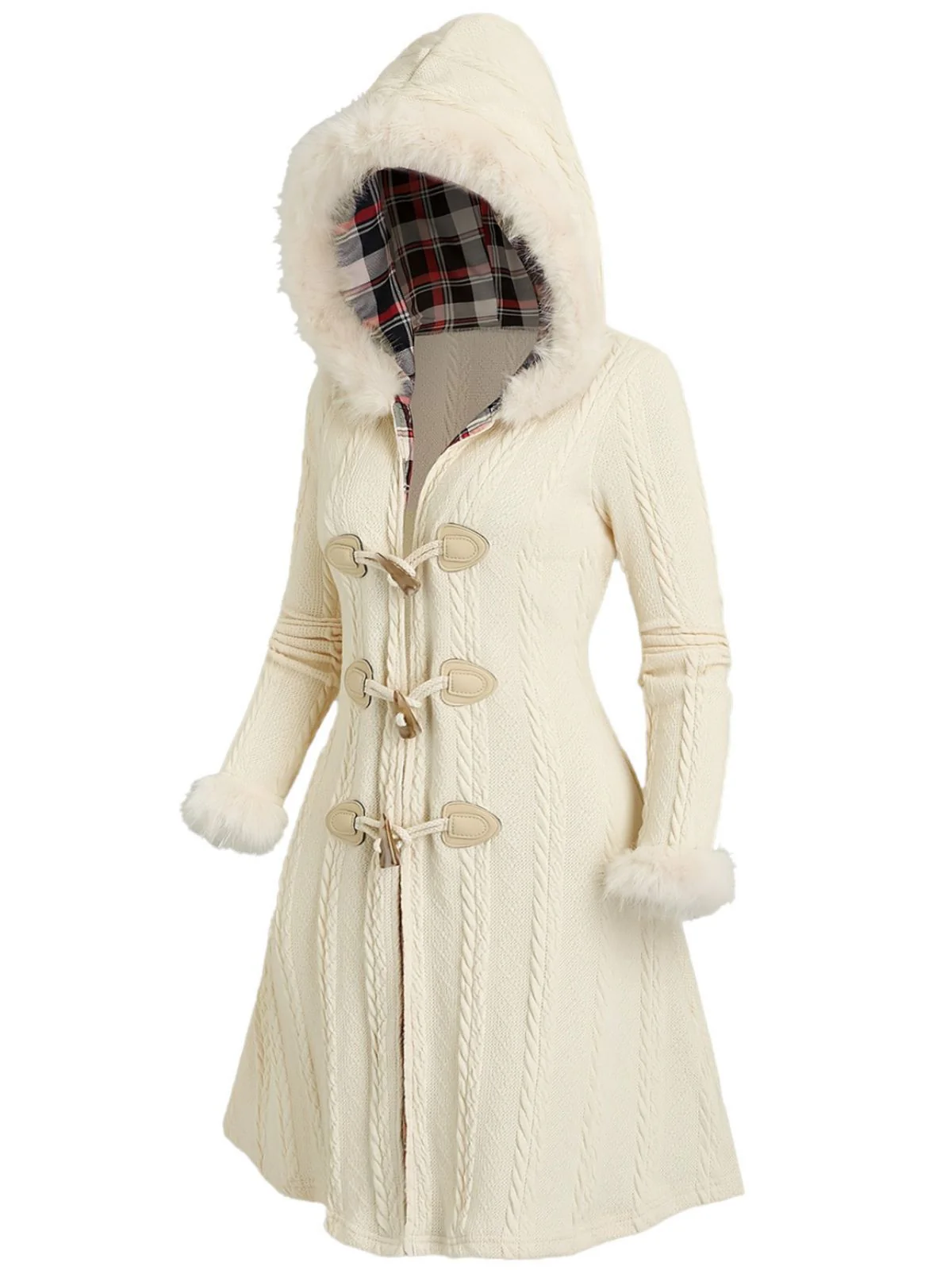 [Plus Size] Ivory 1950s Knit Fur Trimmed Hooded Coat - Image 3