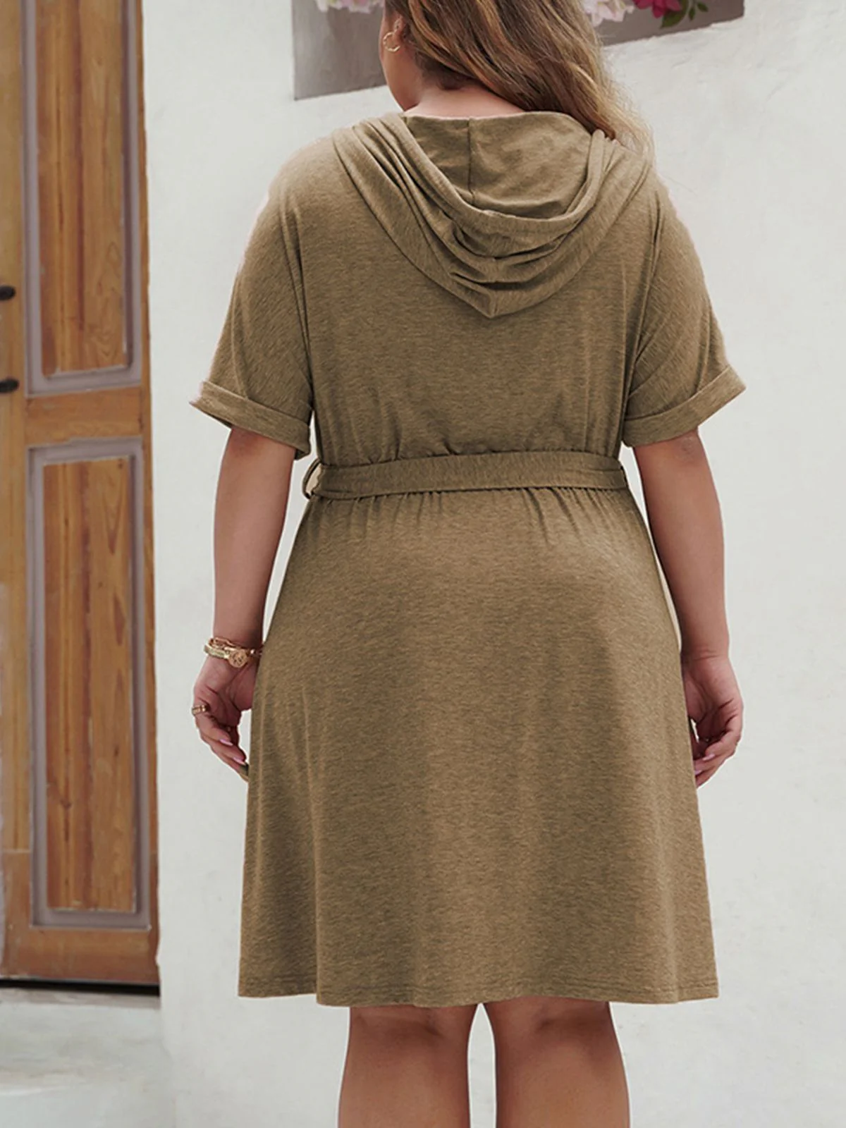 [Plus Size] Khaki 1950s Solid Hooded Belt Dress - Image 3