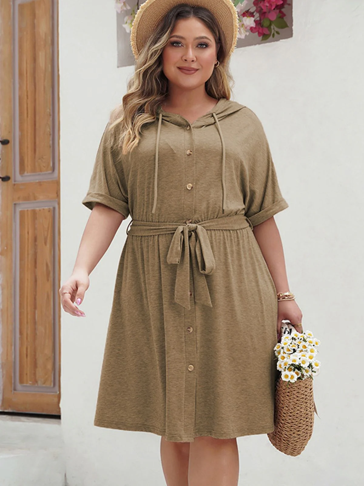 [Plus Size] Khaki 1950s Solid Hooded Belt Dress - Image 4